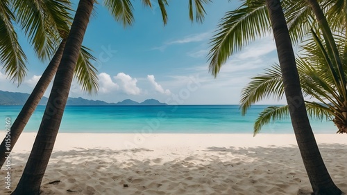 beautiful sandy beach with blue ocean and palm trees. summer backdrop