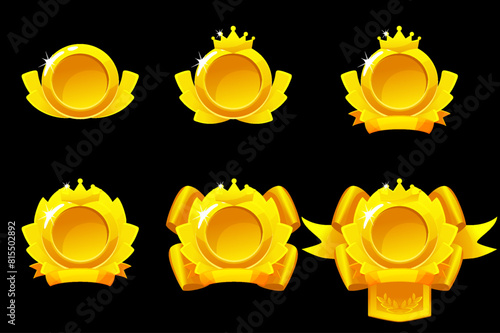 Gold award badges for winning in game. Vector cartoon icons of golden medals with ribbons. Trophy or prize for best place in sport or competition.
