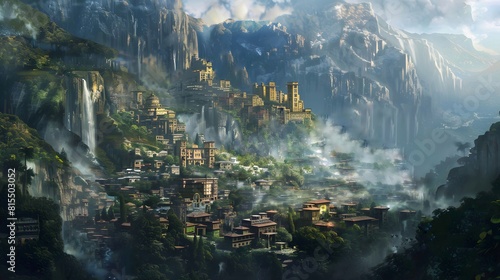 Mountain village background. Mountain city backdrop. Beautiful nature illustrations. fantasy village background