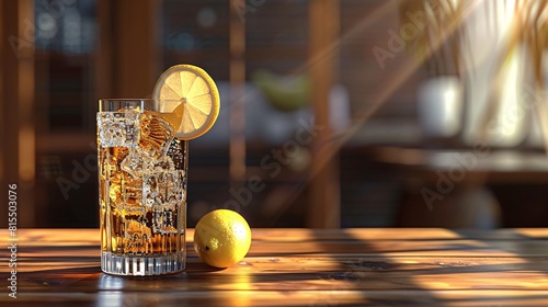 A whiskey highball with soda and lemon on a rustic table.