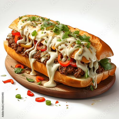 Hot dog with melted cheese and vegetables on a wooden board. 3d illustration