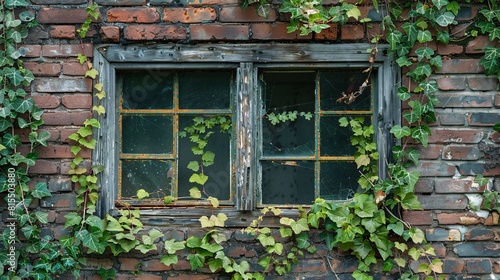 Dilapidated window on a spooky structure with creeping plants on the walls.