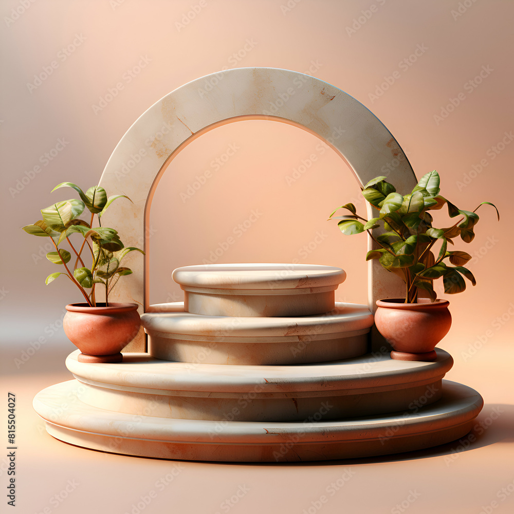 3d render. podium for product display with green plants in pots 3d render. podium for product display with green plants in pots
