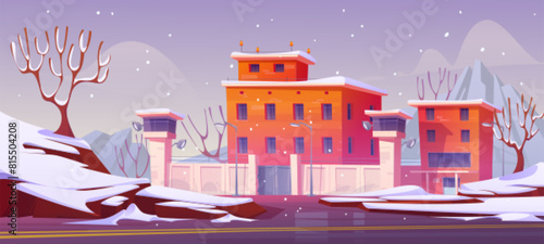 Prison building exterior with watch tower and barbed wire on fence, red brick walls and lamps in winter. Cartoon vector illustration of military or penitentiary institution outside covered with snow.
