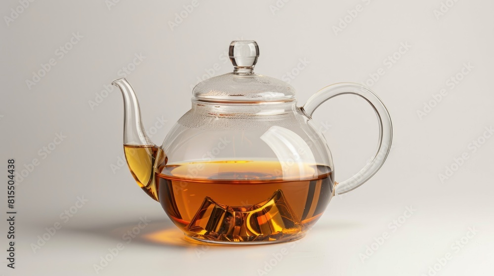 Glass tea kettle filled with tea Set against a white backdrop Glass tea kettle filled with tea Set against a white backdrop
