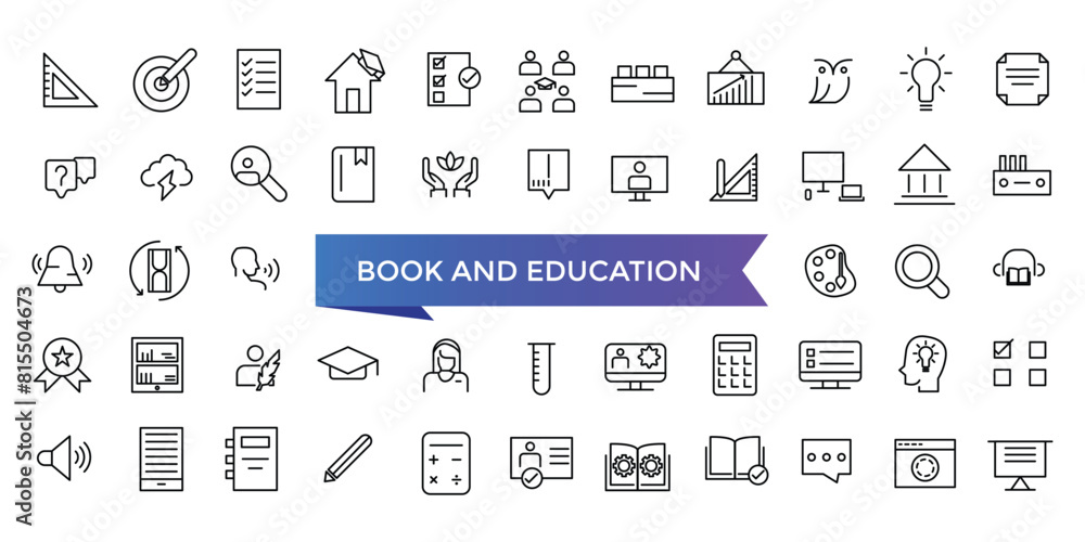 Book and Education icon collection. Related to library, read, author, journal, reading, bookshelf, magazine, e-book and more. Vector Line icons set. Book and Education icon collection. Related to library, read, author, journal, reading, bookshelf, magazine, e-book and more. Vector Line icons set.