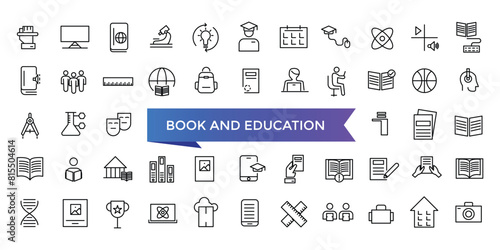 Book and Education icon collection. Related to library, read, author, journal, reading, bookshelf, magazine, e-book and more. Vector Line icons set.