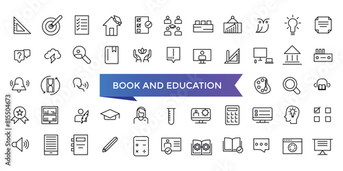 Book and Education icon collection. Related to library, read, author, journal, reading, bookshelf, magazine, e-book and more. Vector Line icons set.