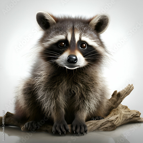 Raccoon sits on a log isolated on a white background.