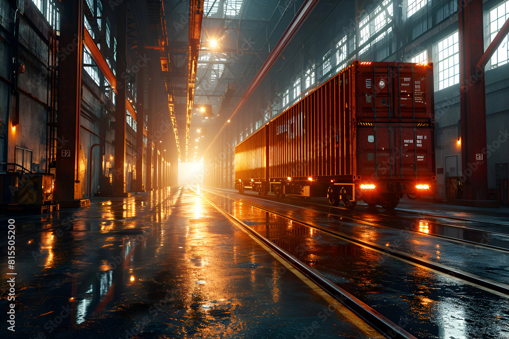 Containers and freight train in warehouse at night. Industrial background. Containers and freight train in warehouse at night. Industrial background.