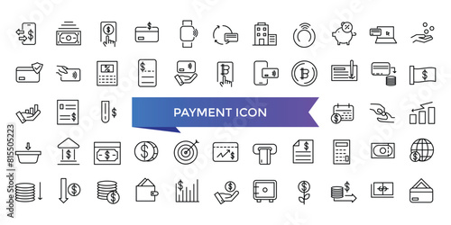 Payment icon collection. Business and finance payment collection with money, banking, credit card, exchange, cash and transaction symbol set.