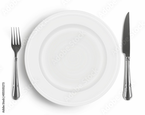 A white plate with knife and fork on the side,white background, isolated, transparent background, png. photo