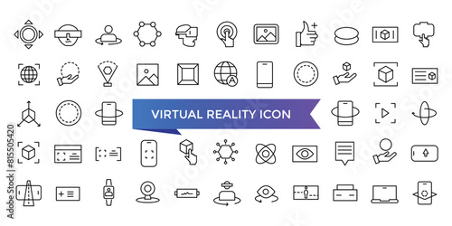 Virtual reality icon collection. Related to VR, augmented reality, headcollection, immersive, mixed reality, AR, 360 degree and more. Line vector icons set.
