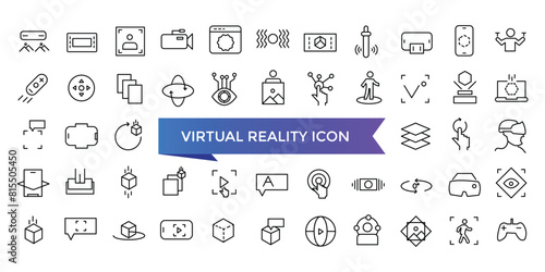 Virtual reality icon collection. Related to VR, augmented reality, headcollection, immersive, mixed reality, AR, 360 degree and more. Line vector icons set.