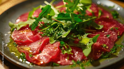 Carpaccio with Arugula and Parmesan on a Ceramic Plate. Close-up food photography.
