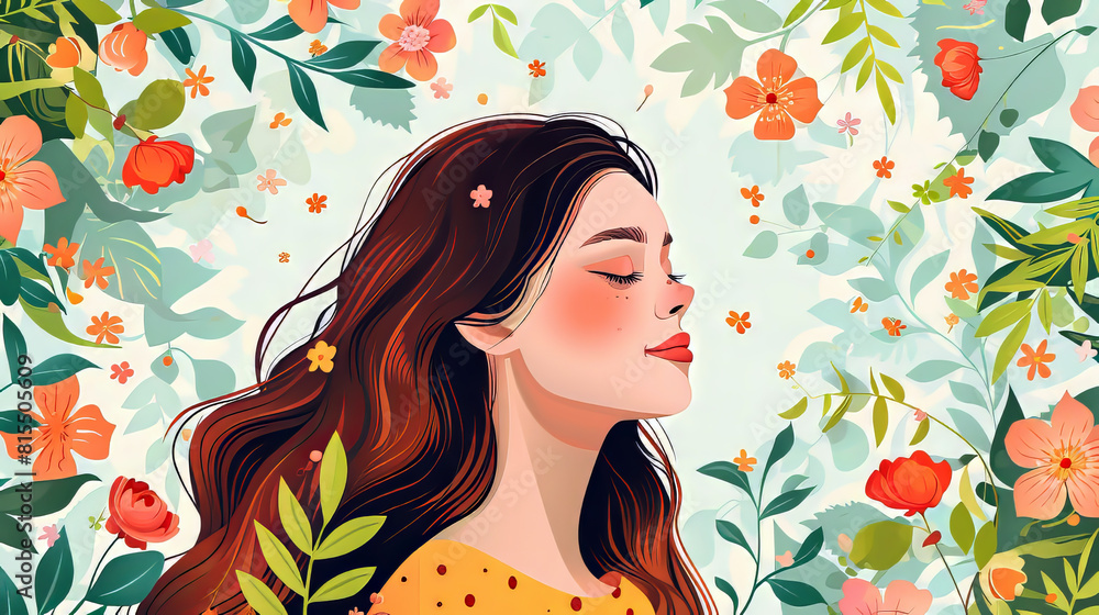 Vector illustration of a woman in a floral backdrop, exuding peace and nature's beauty in a vibrant garden setting