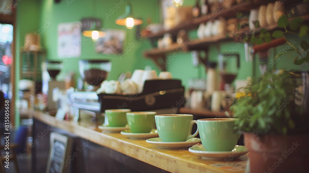 Row of green cups on counter. Cafe aesthetic Row of green cups on counter. Cafe aesthetic