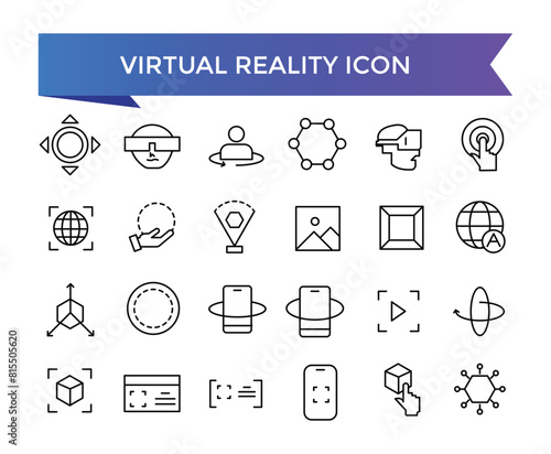 Virtual reality icon collection. Related to VR, augmented reality, headcollection, immersive, mixed reality, AR, 360 degree and more. Line vector icons set.
