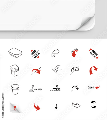 Package arrows icons set for open or closed pots, tubs , trays. Vector illustration isolated. Set for package, shows the place of opening. EPS10.	