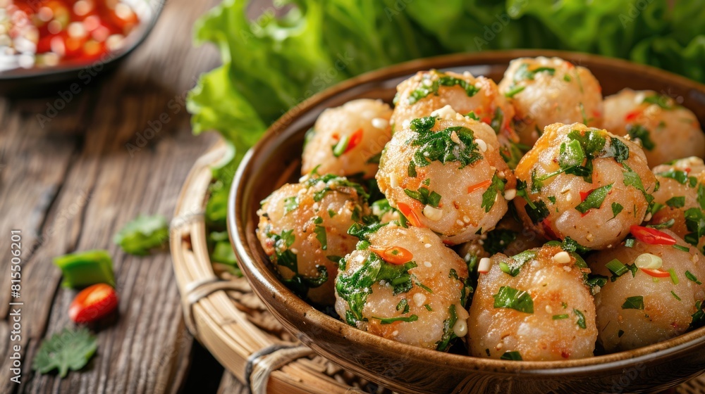 Fried meatballs in a basket with dipping sauce. Asian cuisine still life. Fried meatballs in a basket with dipping sauce. Asian cuisine still life.
