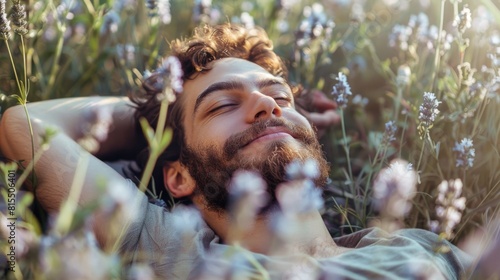Happy bearded man lying in a lavender field. Outdoor portrait with natural lighting. photo
