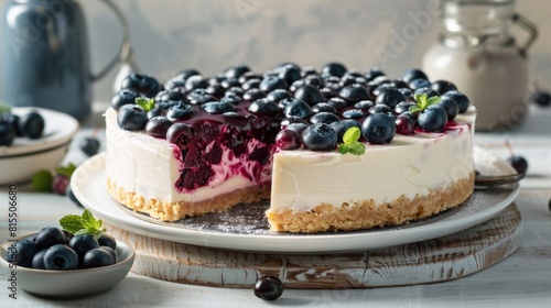 Fresh Blueberry Cheesecake on Rustic Table Setting