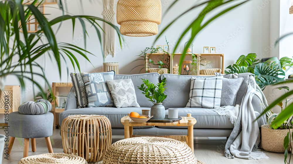 Modern and bohemian composition of interior design at apartment with gray sofa rattan armchair wooden cubes plaid tropical plant macrame and elegant accessories Stylish home decor Temp : Generative AI