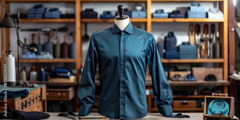 Dark blue mens shirt displayed on mannequin in tailors workshop. Concept Clothing display, Men's fashion, Tailoring business, Mannequin styling, Workshop setup