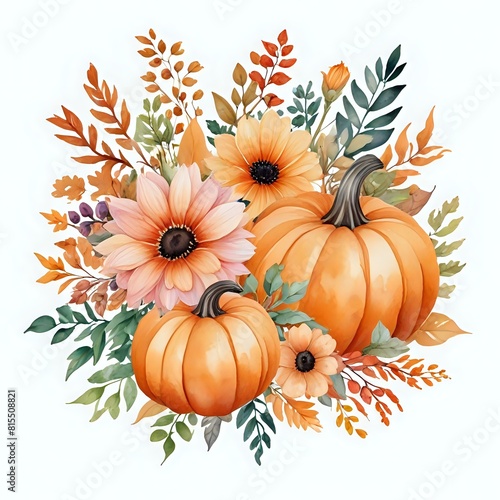 A painting of a bouquet of flowers and pumpkins. The flowers are orange and yellow, and the pumpkins are orange and green. The painting has a warm and cheerful mood