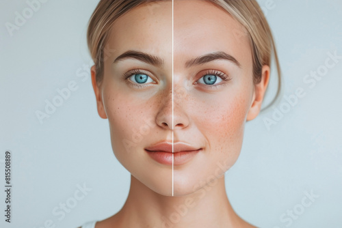 Comparison of a woman face skin before and after treatment