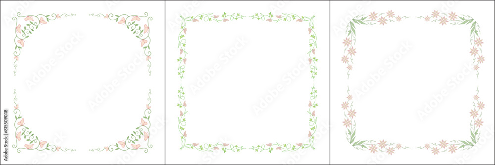 Set of three vegetal vector frames with pink flowers. Square frames. Vector frame for all sizes and formats. Isolated vector illustration. Set of three vegetal vector frames with pink flowers. Square frames. Vector frame for all sizes and formats. Isolated vector illustration.
