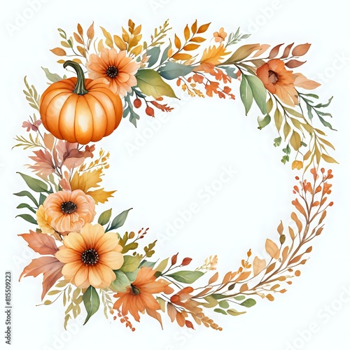 A flowery design with a pumpkin in the center. The pumpkin is orange and has a stem. The flowers are also orange and are arranged in a circle. Scene is warm and festive  likely for the fall season