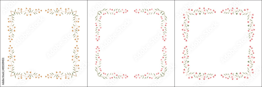 Set of three vegetal vector frames with pink heart shaped flowers. Square frames. Vector frame for all sizes and formats. Isolated vector illustration. Set of three vegetal vector frames with pink heart shaped flowers. Square frames. Vector frame for all sizes and formats. Isolated vector illustration.
