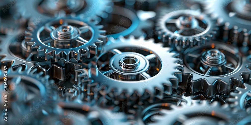 Minimalist design of interconnected gears and cogs, silver and steel tones, representing strategic thinking in machinery, perfect for modern tech office wall art Minimalist design of interconnected gears and cogs, silver and steel tones, representing strategic thinking in machinery, perfect for modern tech office wall art