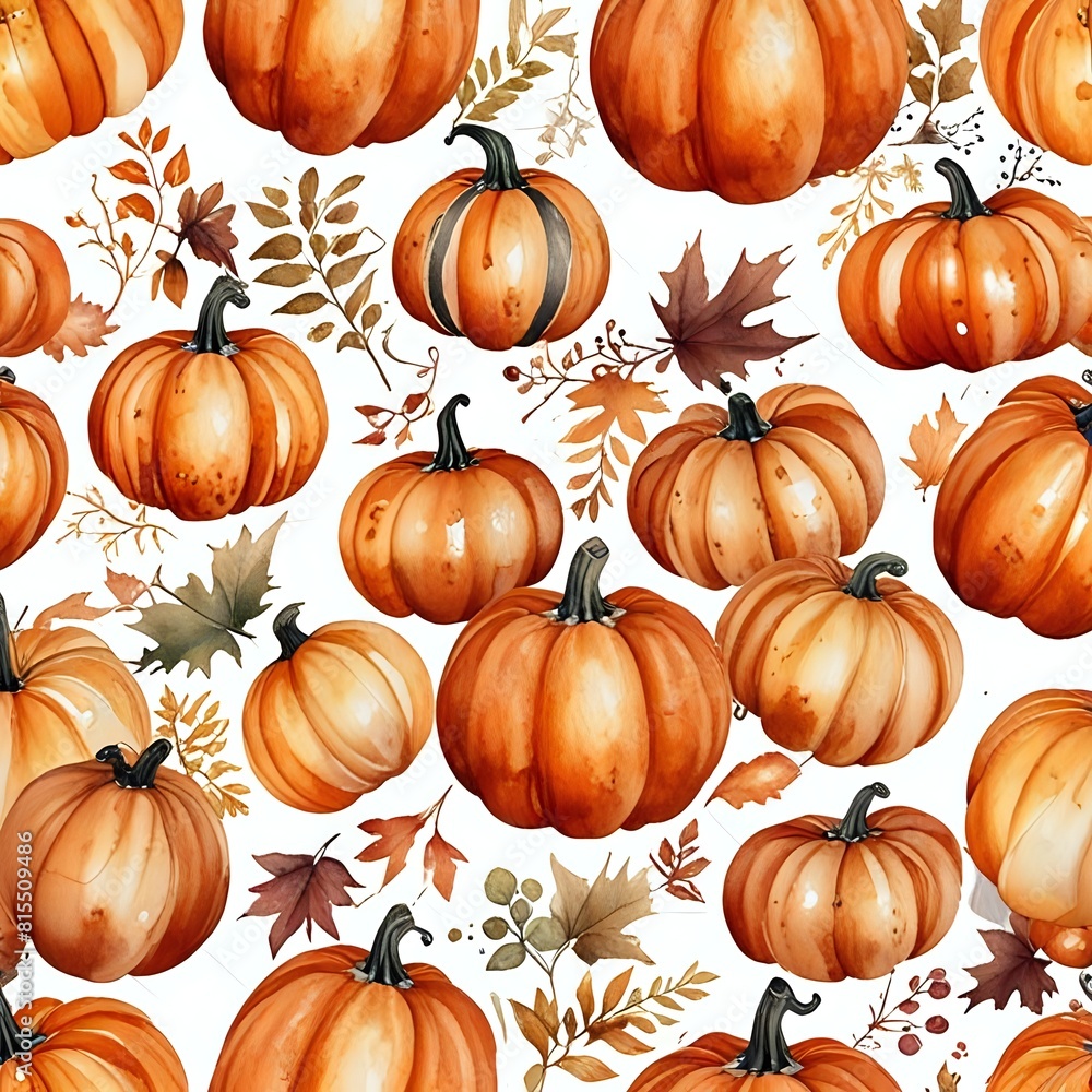A watercolor painting of a pumpkin with leaves surrounding it. The pumpkin is orange and has a green stem A watercolor painting of a pumpkin with leaves surrounding it. The pumpkin is orange and has a green stem