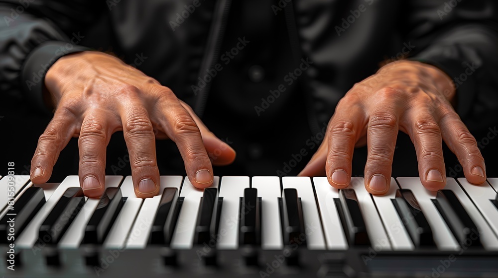 Obraz premium A musicians hands playing a piano keyboard instrument