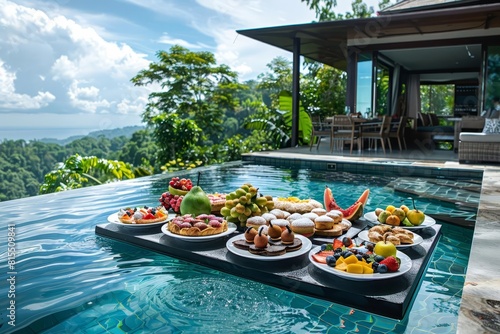 A luxurious breakfast setup floating on a pool  with exotic fruits  pastries  and a scenic view in the background