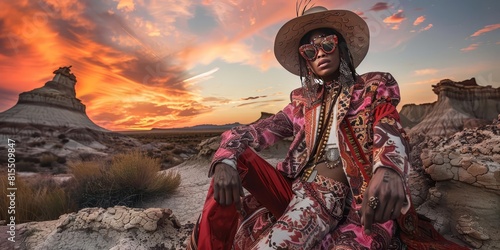 A highfashion editorial shot of a model in avantgarde attire, posing in a surreal desert landscape at sunset photo