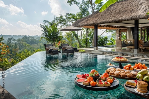 A luxurious breakfast setup floating on a pool, with exotic fruits, pastries, and a scenic view in the background