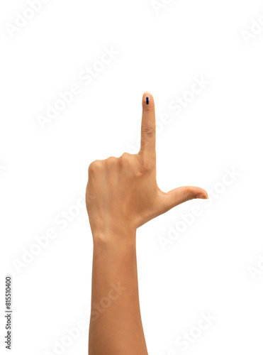 Female Indian Voter Hand with a voting sign or ink pointing vote for India on background with copy space election commission of India