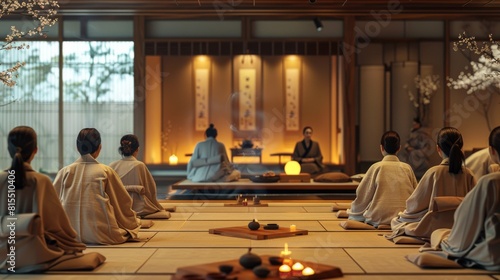 a serene tea ceremony with participants in traditional clothing