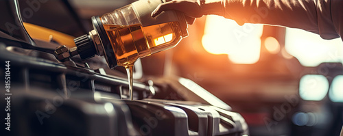 Car mechanic replace oil in vehicle. photo