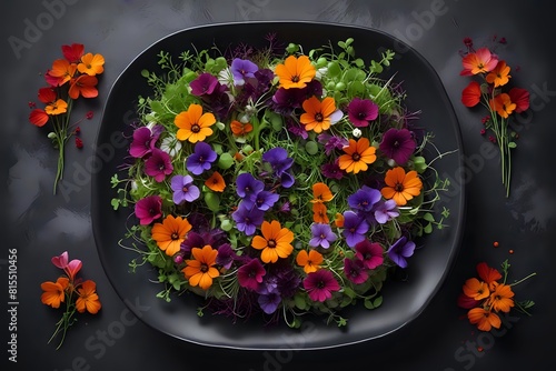 A black plate with a colorful arrangement of flowers and greens