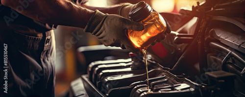 Car mechanic replace oil in vehicle. photo