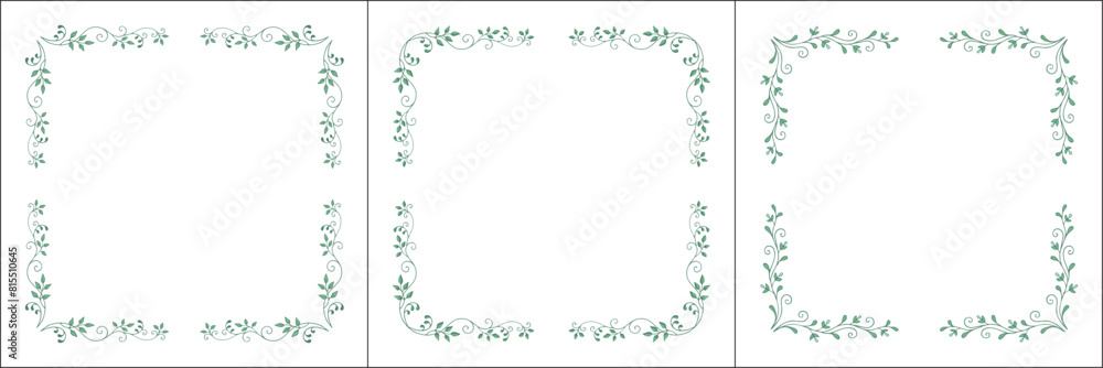 Set of three green vegetal vector frames with leaves. Vector frame for all sizes and formats. Isolated vector illustration.	
