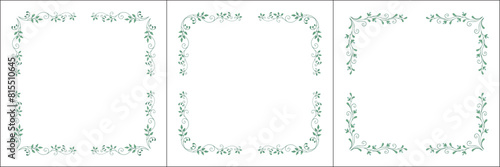 Set of three green vegetal vector frames with leaves. Vector frame for all sizes and formats. Isolated vector illustration. 