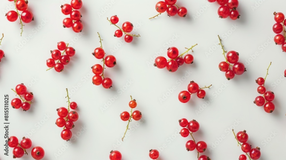 Red currant berry displayed on a plain white surface from above Pattern shot from a flat perspective
