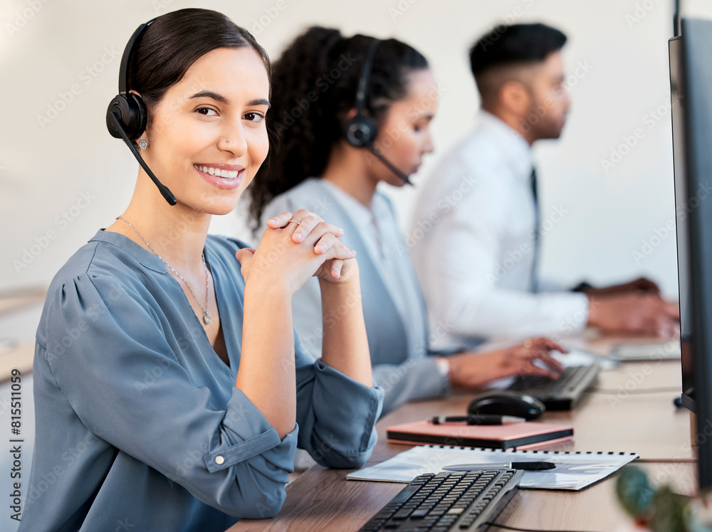 Call center, customer service and portrait of woman on computer for online help, communication and talk. Business office, telemarketing and worker with headset for contact, crm support and consulting Call center, customer service and portrait of woman on computer for online help, communication and talk. Business office, telemarketing and worker with headset for contact, crm support and consulting