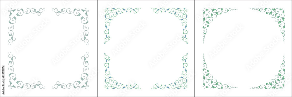 Set of three green vegetal vector frames with leaves. Vector frame for all sizes and formats. Isolated vector illustration.
Set of three green vegetal vector frames with leaves. Vector frame for all sizes and formats. Isolated vector illustration.