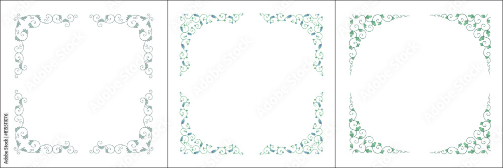 Set of three green vegetal vector frames with leaves. Vector frame for all sizes and formats. Isolated vector illustration.	
